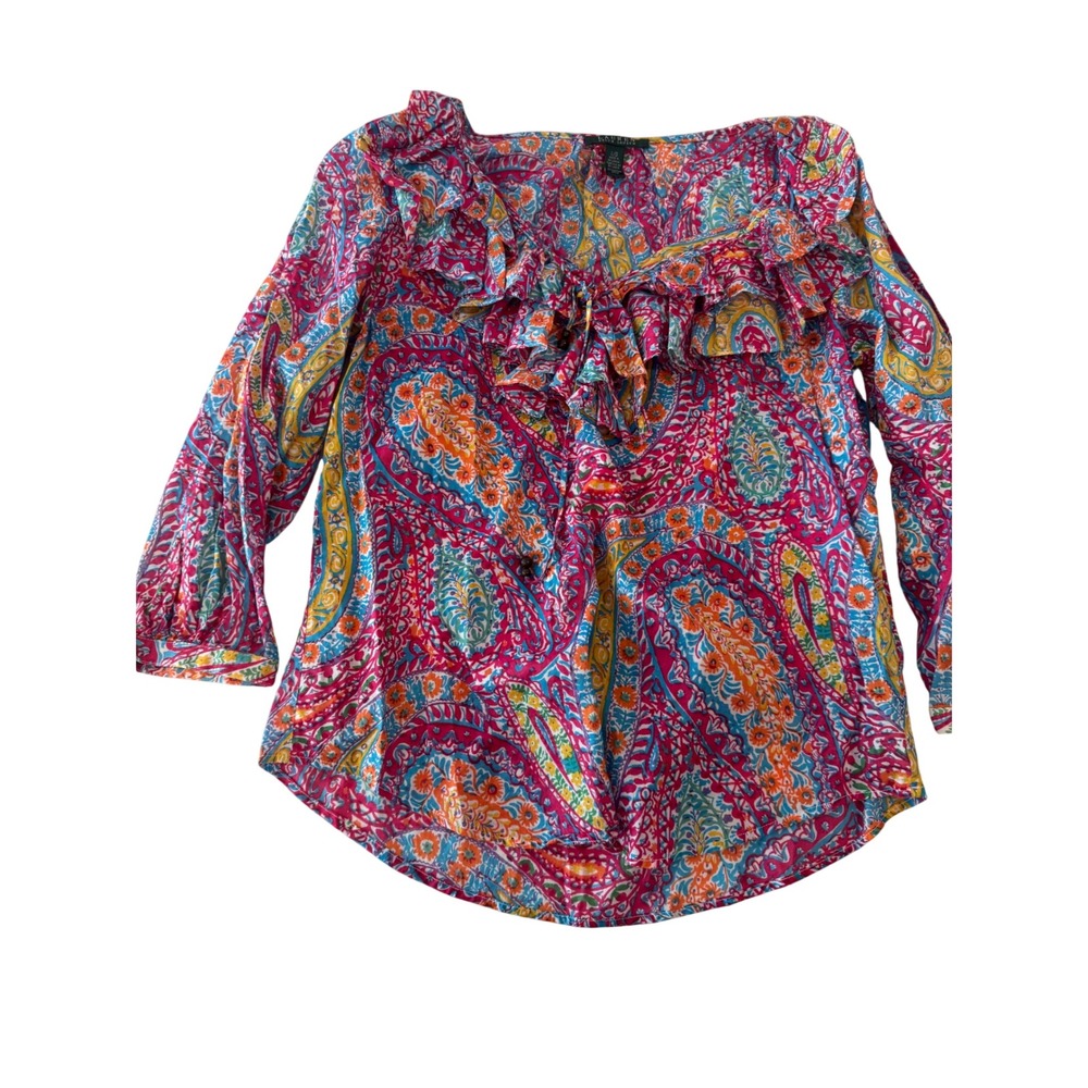 Lauren Ralph Lauren Pink Paisley Ruffle V-Neck Cotton Blouse Size L